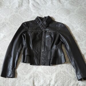 Blanc Noir Women's Dark Leather Jacket with Buckle